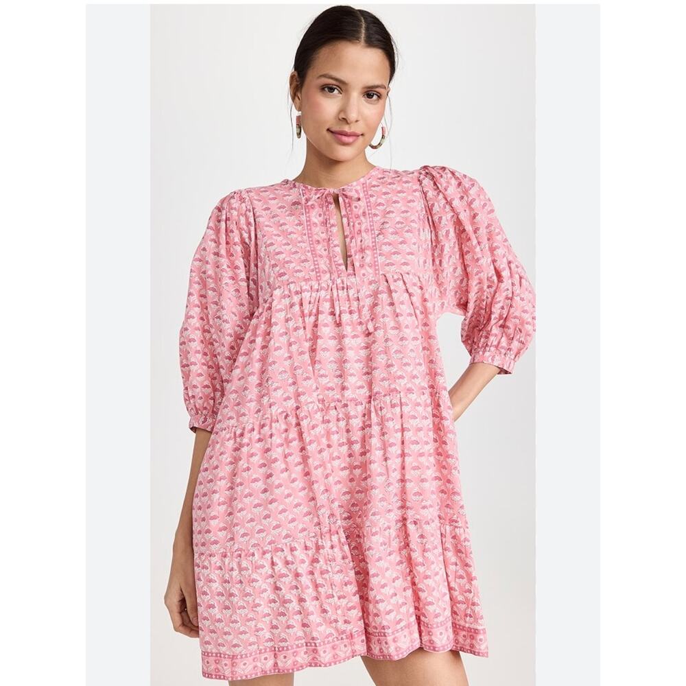 Marea women’s Casita Tiered Mini Dress size L Pink Boho Tiered Peasant sleeve